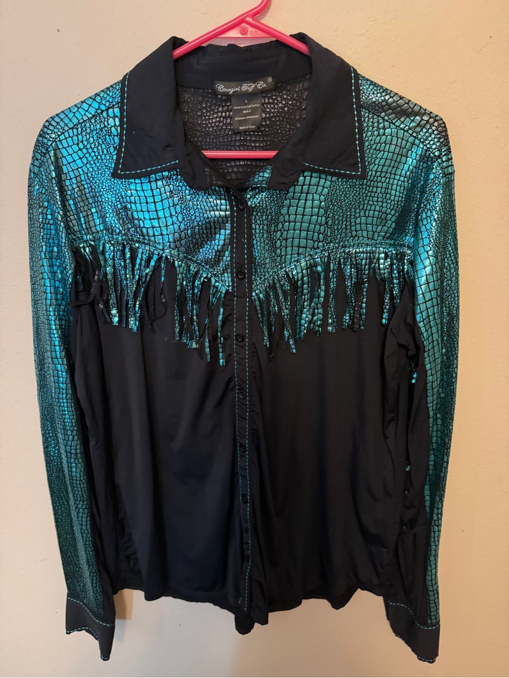 Cowgirl Tuff Teal Metallic Fringe shirt